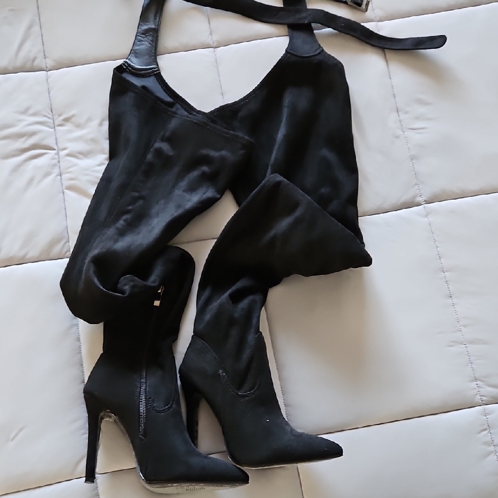 Suede Chap Thigh High Black Women's Boots